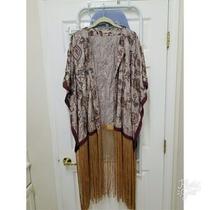 Ecote Taupe Floral Fringe Kimono with Burgundy Trim